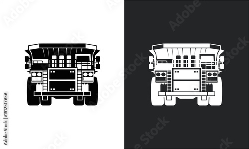 Heavy-duty mining dump truck front view illustration.