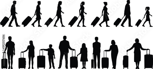 Silhouette of diverse people and families walking and standing with suitcases for travel, vacation, tourism, and airport passenger transit concept
