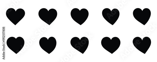 Various different hand drawn heart icon love collection isolated on white background. Black heart symbol for Valentines Day.  A hand drawn black heart shapes expressing love and affection . Eps10