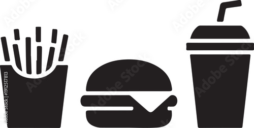 A simple silhouette showing a classic fast food meal of french fries, a hamburger, and a cold drink