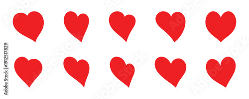 Red love heart vector icon set with romantic symbol collection. Various different hand drawn heart icon love collection isolated on white background. Romance and love illustrations. Vector . Eps10
