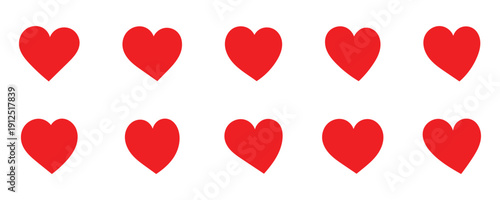 Red love heart vector icon set with romantic symbol collection. Various different hand drawn heart icon love collection isolated on white background. Romance and love illustrations. Vector . Eps10