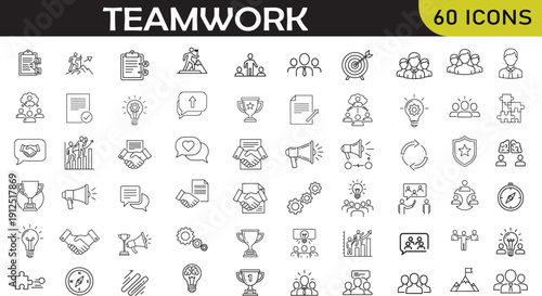 60 Teamwork and Business Collaboration Line Icons Set, success - stock vector