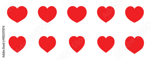 Red love heart vector icon set with romantic symbol collection. Various different hand drawn heart icon love collection isolated on white background. Romance and love illustrations. Vector . Eps10