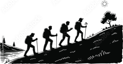 Silhouette of four hikers with backpacks and trekking poles climbing a steep hill toward a tree under a bright sun