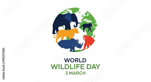 International World Wildlife Day Poster 3 March with Earth Map and Wild Animal Silhouettes