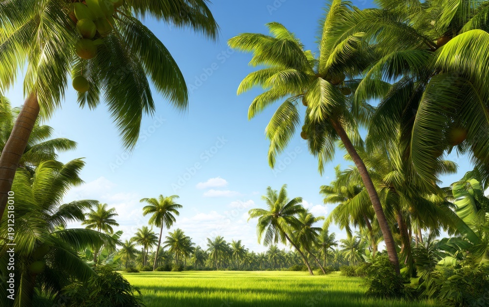 Obraz premium Lush Tropical Plantation Scene with Palm Trees Under Bright Blue Sky