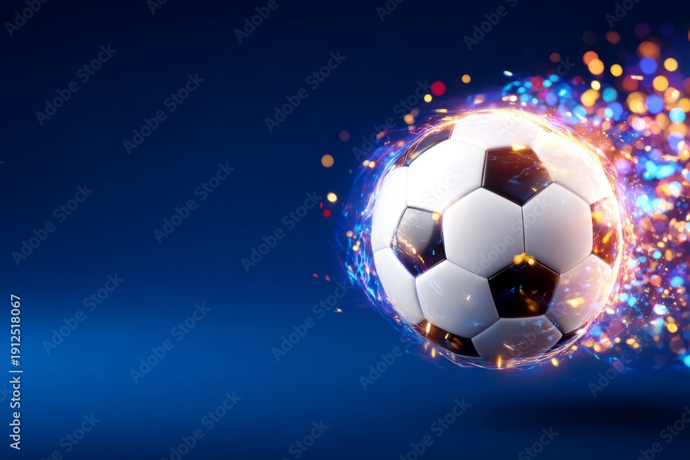 Fototapeta premium Glowing Abstract 3D Soccer Ball with Vibrant Effects on Dark Blue Background