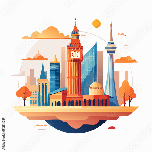 Abstract Cityscape Illustration of Iconic Landmarks and Modern Architecture