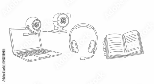 Online Learning Setup: Laptop, Webcam, Headphones, and Open Book