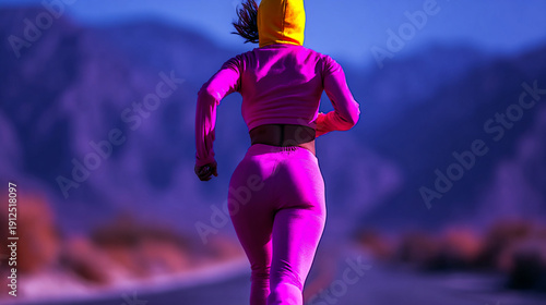Female runner on a mountain road in bright sportswear