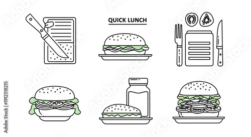 Quick Lunch Icons: Burgers, Ingredients, Utensils, and Knife on Cutting Board