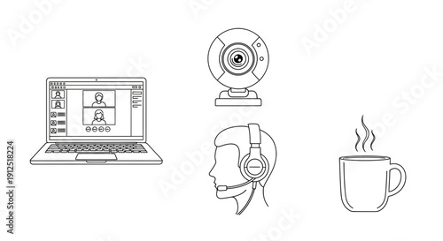 Remote Work Essentials: Laptop Video Call, Webcam, Headset, Coffee Mug