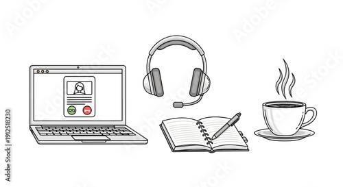 Remote Work Setup: Laptop, Headphones, Notebook, Pen, and Coffee Cup - Home Office Essentials