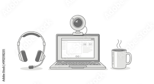 Remote Work Setup: Laptop, Webcam, Headphones, and Coffee Mug