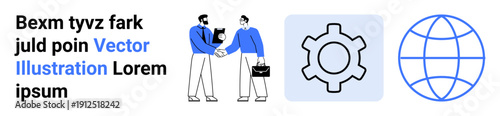 Two individuals shaking hands, gear icon symbolizing settings, and a globe icon. Ideal for business, partnership, cooperation, technology, global reach, teamwork simple landing page