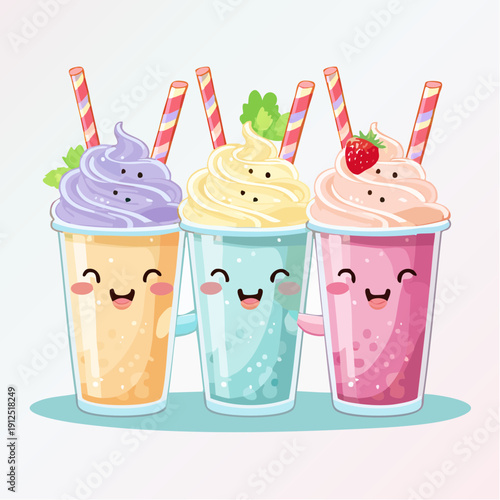 Delicious milkshake trio with kawaii faces, perfect for summer refreshment and sweet treat designs