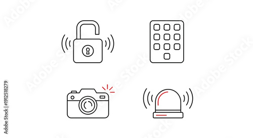 Security Icons: Unlock, Phone, Camera, Alarm - Vector Set