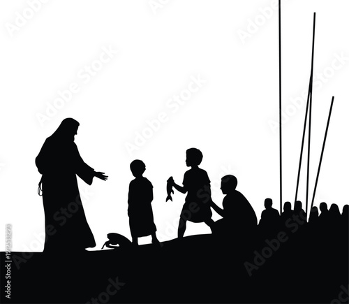 Silhouette of Jesus Christ meeting a young boy with fish and bread to perform a miracle feeding the hungry crowd