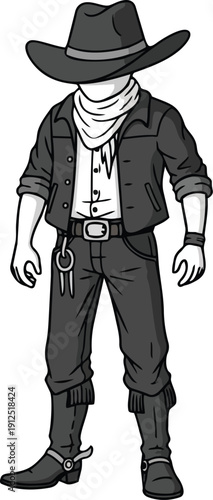 Black silhouette cowboy vector, cartoon western design with hat boots and bandana