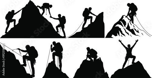 Silhouette of mountain climbers ascending peaks, showing teamwork, cooperation, reaching summit, rock climbing adventure, outdoor sport, achievement, and successful extreme expedition