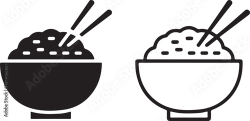Collection of two minimalist black and white icons depicting a bowl of rice with chopsticks