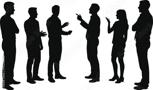 Silhouette of professional business people group standing and talking in office meeting for corporate teamwork collaboration and communication concept design