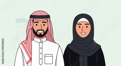 Smiling Arab Man and Woman in Traditional Clothing.