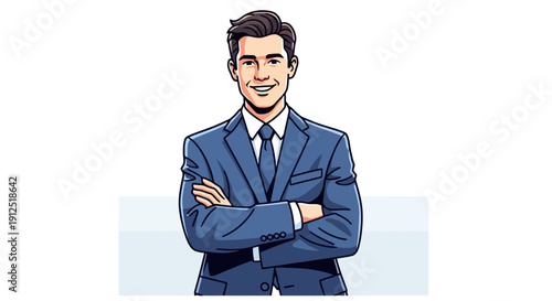 Smiling businessman in a blue suit with arms crossed.