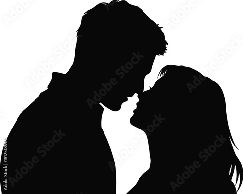 Silhouette of romantic young couple in intimate moment about to kiss on white background for love relationship dating and Valentines Day design