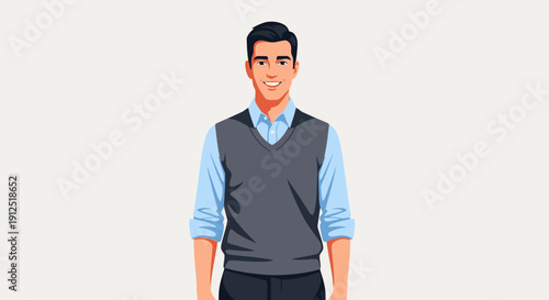 Smiling young man wearing a blue shirt and grey sweater vest.