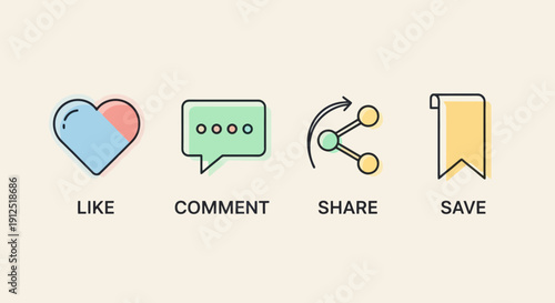 Social media icons for like comment share and save actions.