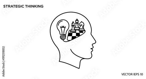 Strategic thinking concept with chess pieces and lightbulb inside human head outline.
