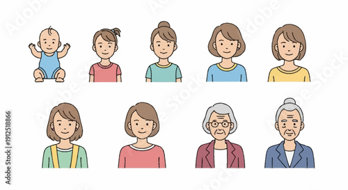 Stages of life woman and baby illustration.