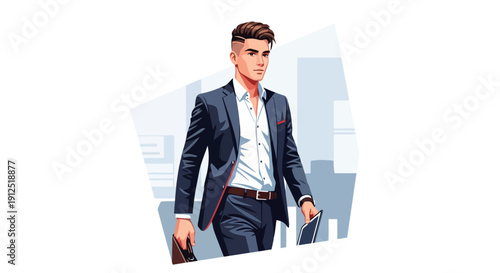 Stylish young businessman walking confidently in a sharp suit illustration.