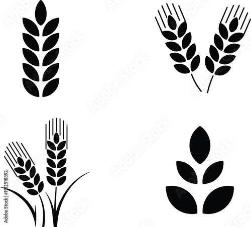 Black wheat and barley silhouettes collection, cereal grain ears and agricultural leaf icons isolated on white background vector illustration set
