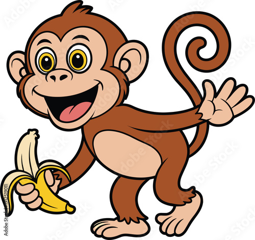 Photography Cute cartoon monkey holding banana vector illustration, happy jungle animal masc