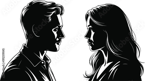 Silhouette Portraits of a Man and Woman Facing Each Other, Representing Romance, Conversation, Couple Relationship, Professional Meeting, and Human Connection