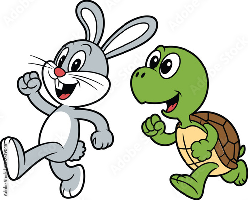 Cute cartoon rabbit and turtle running race vector illustration, funny animal characters isolated on white background