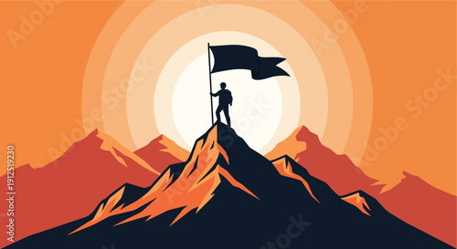 Silhouette of a Hiker Standing on a Mountain Peak Holding a Flag at Sunset, Symbol of Success, Achievement, and Leadership Concept Illustration