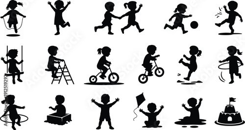 Silhouette set of children playing outdoors engaging in activities like jumping rope swinging cycling soccer and playing in sand and water