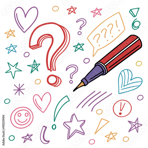 A colorful illustration of a pen surrounded by question marks and emoticons Vector