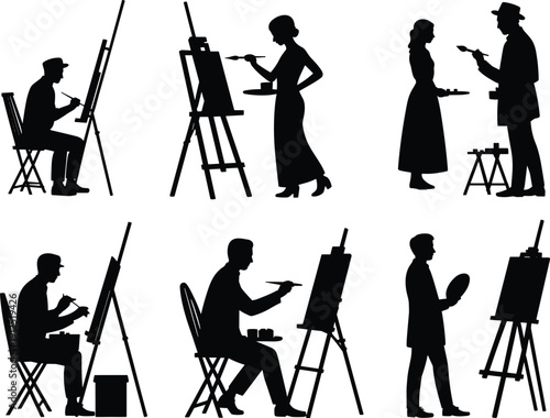 Silhouette set of diverse artists and painters working on easels with brushes and palettes for creative art studio and education