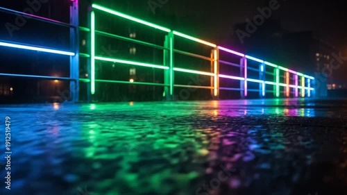 Neon Reflections on Wet Ground: Vibrant City Lights at Night Creating a Colorful Urban Scape