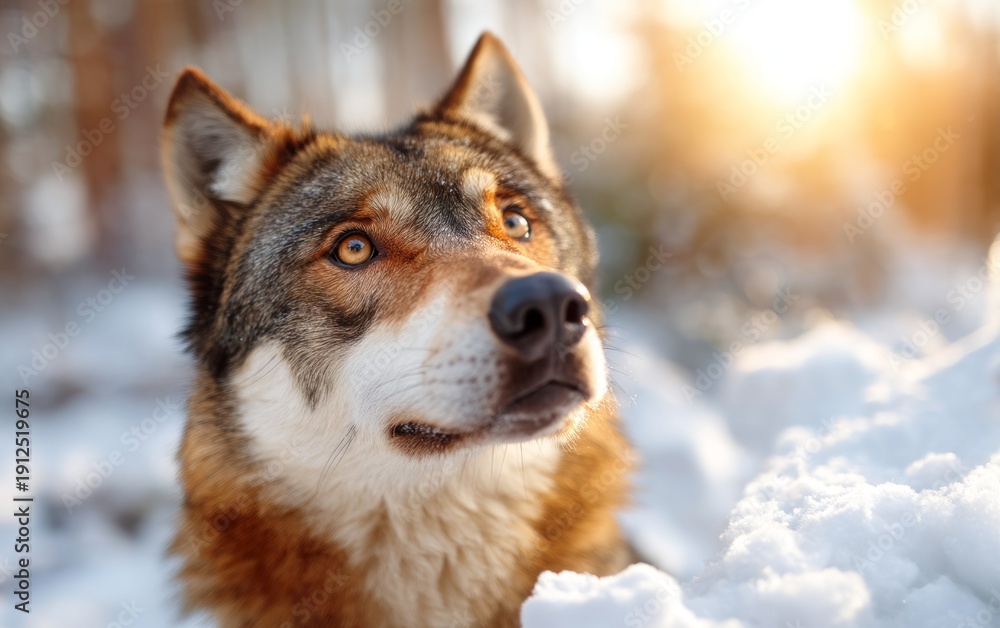 Fototapeta premium Close-Up of a Wolf's Face in a Snowy Area Bathed in Warm Sunrise Light
