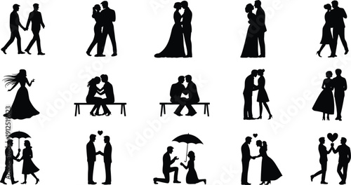 Silhouette set of diverse couples in romantic poses including wedding scenes proposals walking holding hands and sitting on park benches