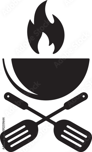 Simple black silhouette icon depicting a barbecue grill with flames and crossed spatulas ready for cooking
