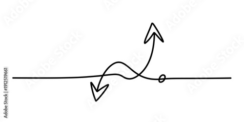 Simple black and white line drawing of a horizontal line with two intersecting curved arrows Vector, illustration