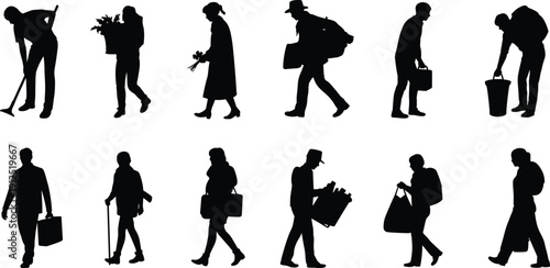 Silhouette set of diverse people carrying bags luggage plants and tools while walking and working for daily life and logistics