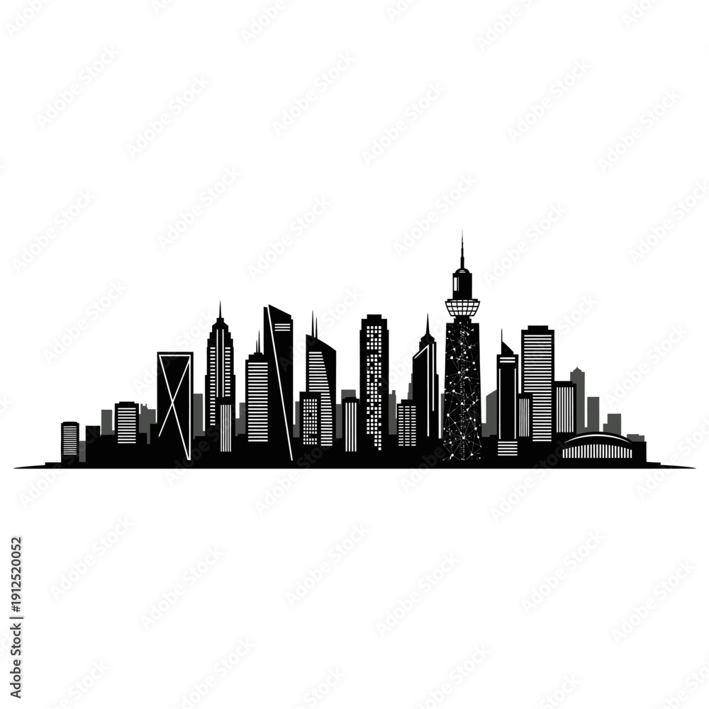 Obraz premium Modern City Skyline Silhouette Illustration, Urban Landscape Vector, Metropolis Architecture Concept